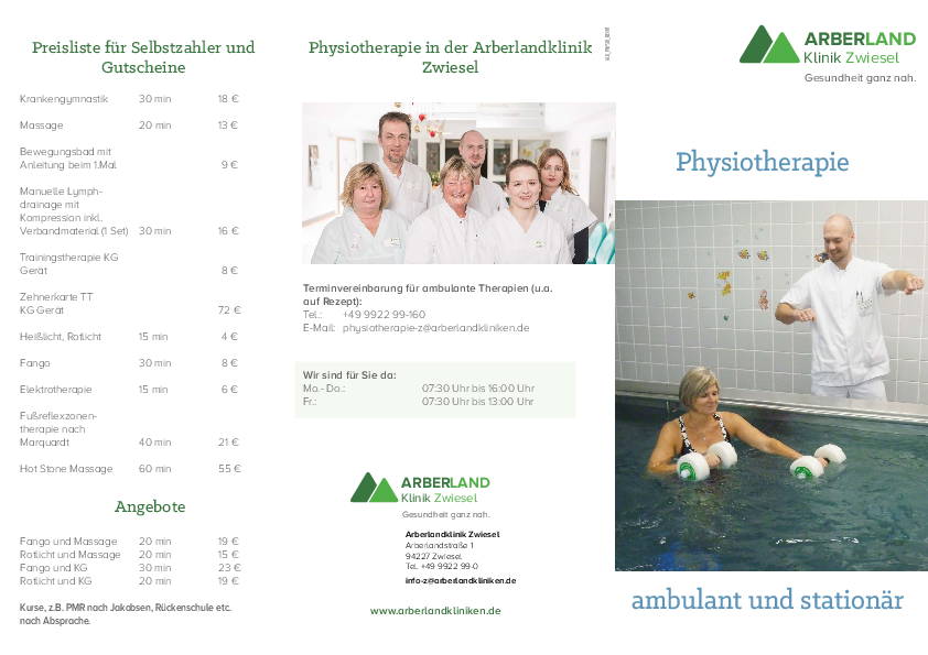 Flyer Physiotherapie in der Arberlandklinik Zwiesel