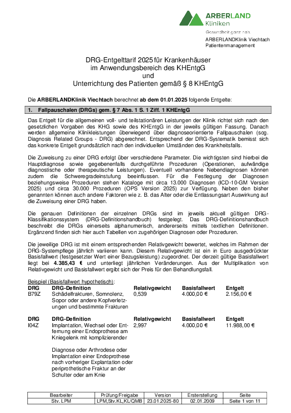 DRG Entgelttarif Arberlandklinik Viechtach