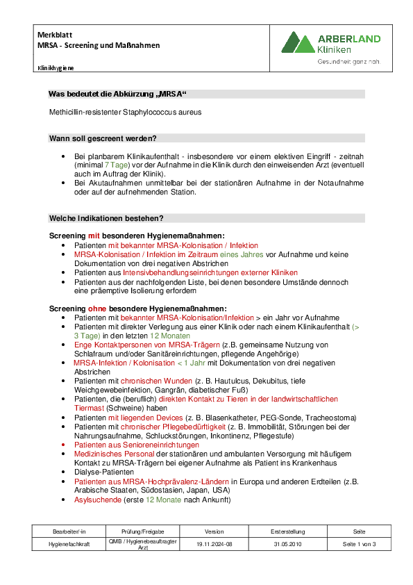 Patienteninformation methicillinresistente Staphylococcus aureus (MRSA)