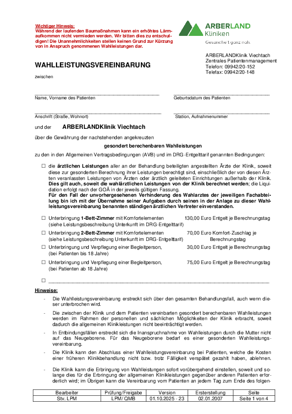 Patienteninformation Wahlleistungsvereinbarung Arberlandklinik Viechtach