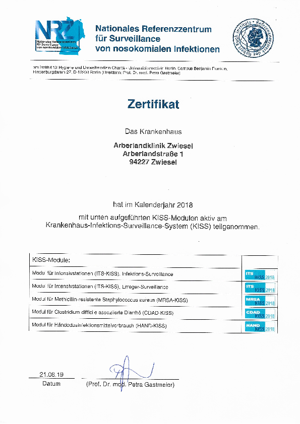 KISS-Zertifikat Arberlandklinik Zwiesel