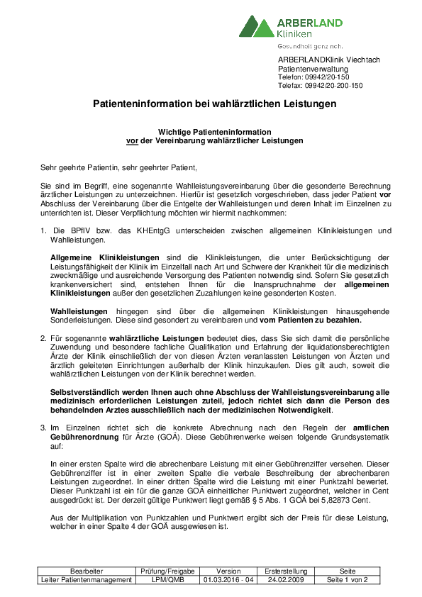 Patienteninformation Wahlarzt Arberlandklinik Viechtach