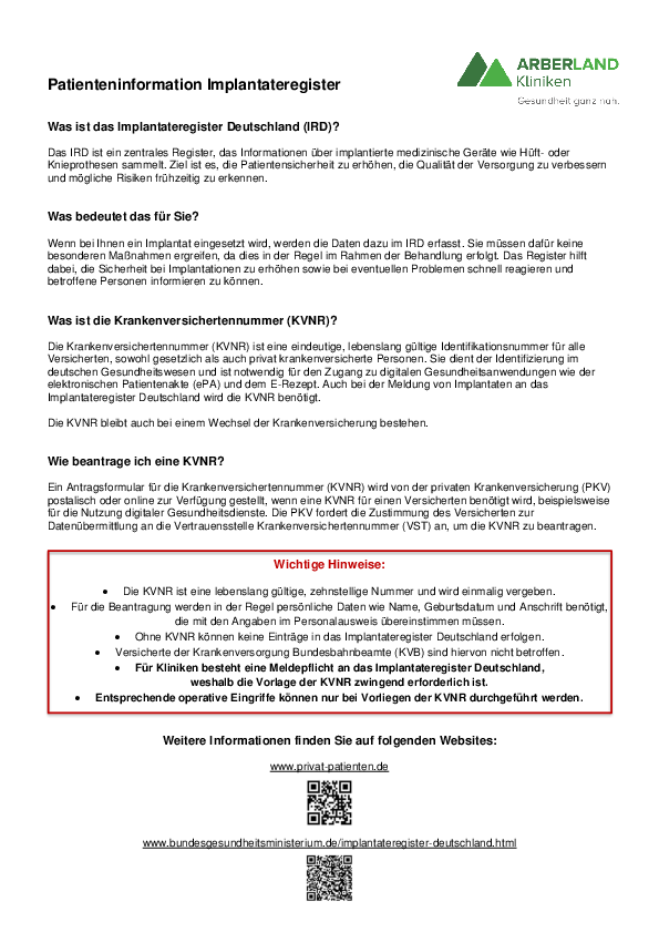 Kurzinformation zum Implantateregister