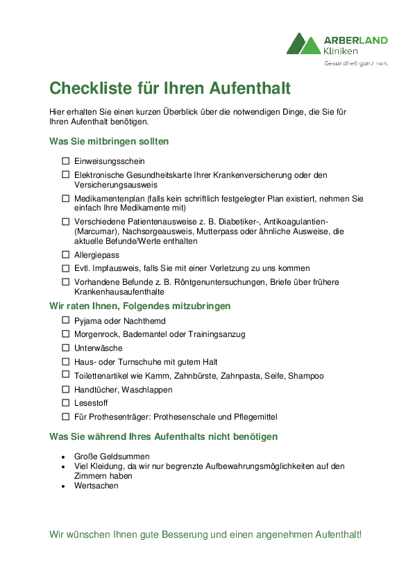 Checkliste für Ihren Aufenthalt zum Download