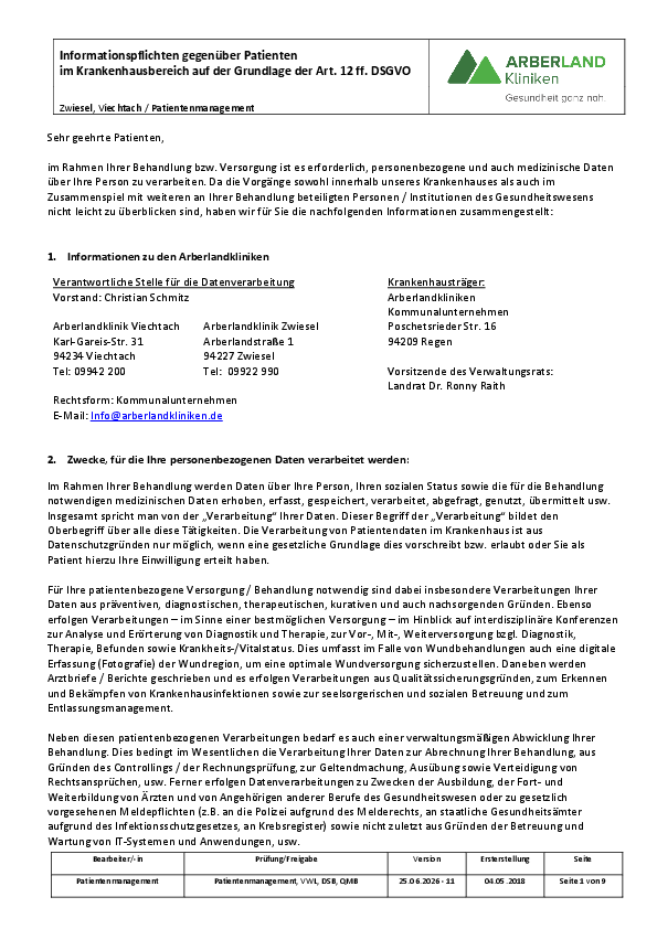Patienteninformation zur Behandlung in den Arberlandkliniken auf der Grundlage Art. 12 ff. DS-GVO