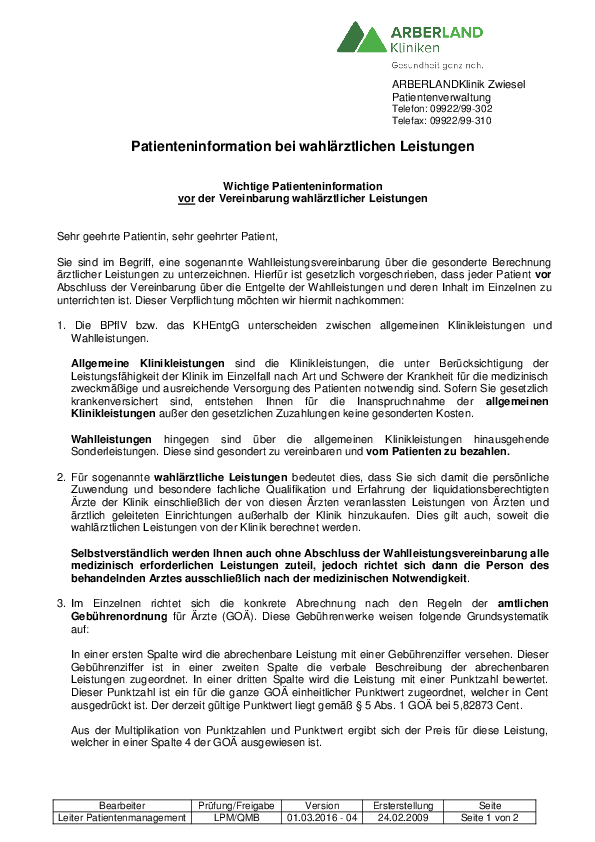 Patienteninformation Wahlarzt Arberlandklinik Zwiesel