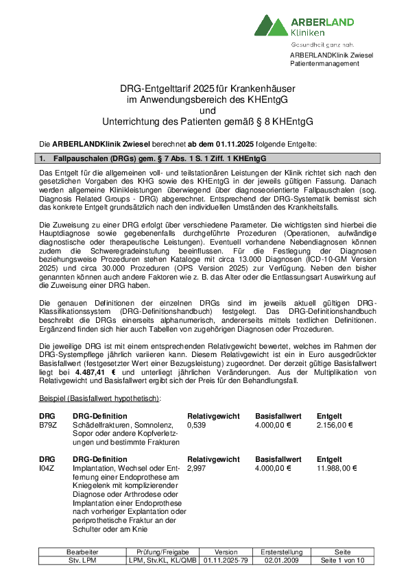 DRG-Entgelttarif Zwiesel