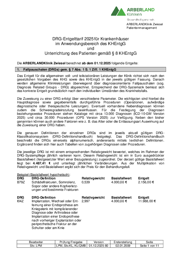 DRG-Entgelttarif Zwiesel